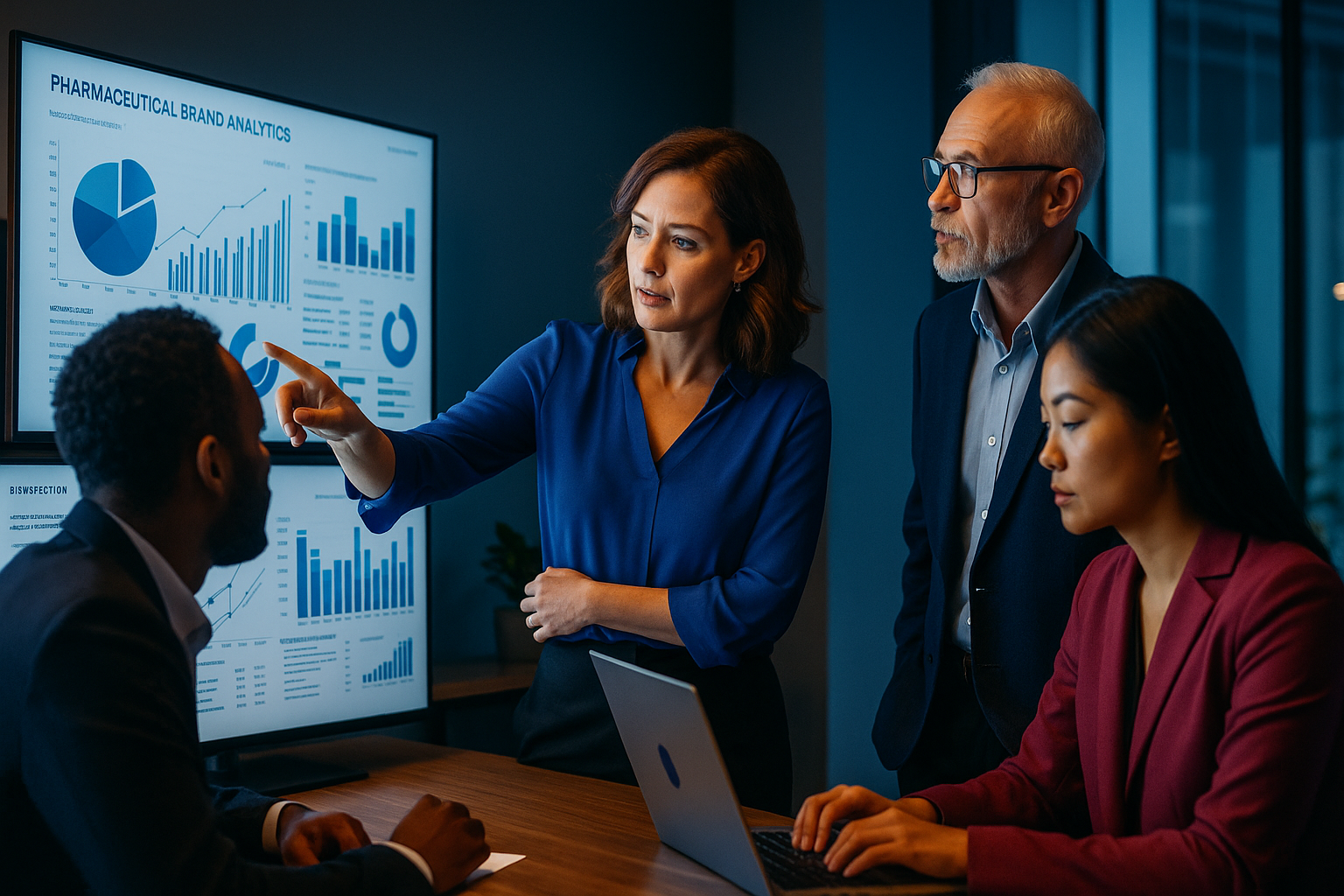 Pharma team reviewing access analytics on screens